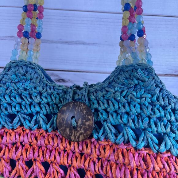 Cappelli Straworld Women's Handbag Tote Beaded Multicolored Wooden Button - Picture 6 of 11